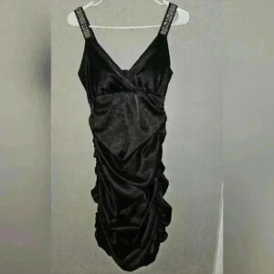 Studio Y Women's Rouched Little Black Dress Sequined Spaghetti Straps Stretchy M